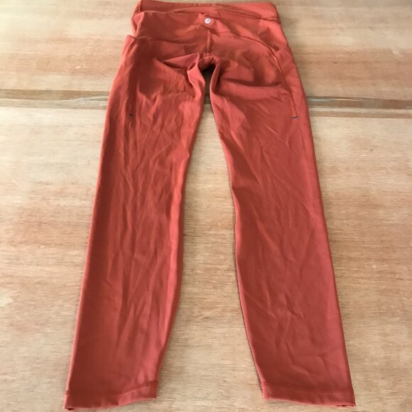 Lululemon Power Thru Leggings Women 6 Orange Mid Rise Media Pockets Stretch - Picture 2 of 12